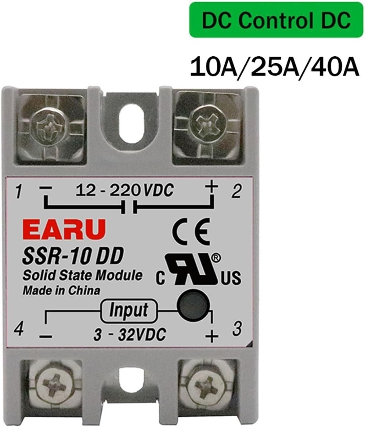 SSR-10DD SSR-25DD SSR-40DD SSR 10A 25A 40A Solid State Relay Module DC3-32V Input to DC12-220V DC Control Voltage Transformer(SSR-10A)