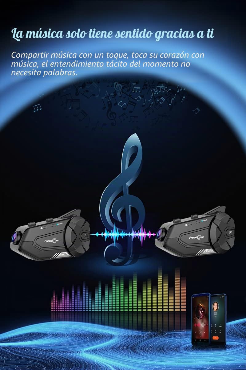 R1 Pro Auriculares bluetooth para casco de moto con cámara,6 vías 1000M intercomunicador, sistema de comunicación de la motocicleta, vídeo 2K/Siri/Música compartida/compatible con otras marcas(1Pack)