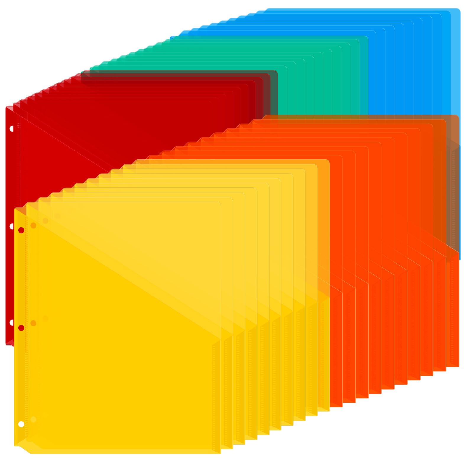 Maitys 50 Pack Binder Pockets 3 Hole Punch Clear Plastic Document Folders Binder Organizer Letter Size Plastic Folders with Pockets Slash File Jacket for Office (Bright Colors,9.25 x 11.22 Inch)