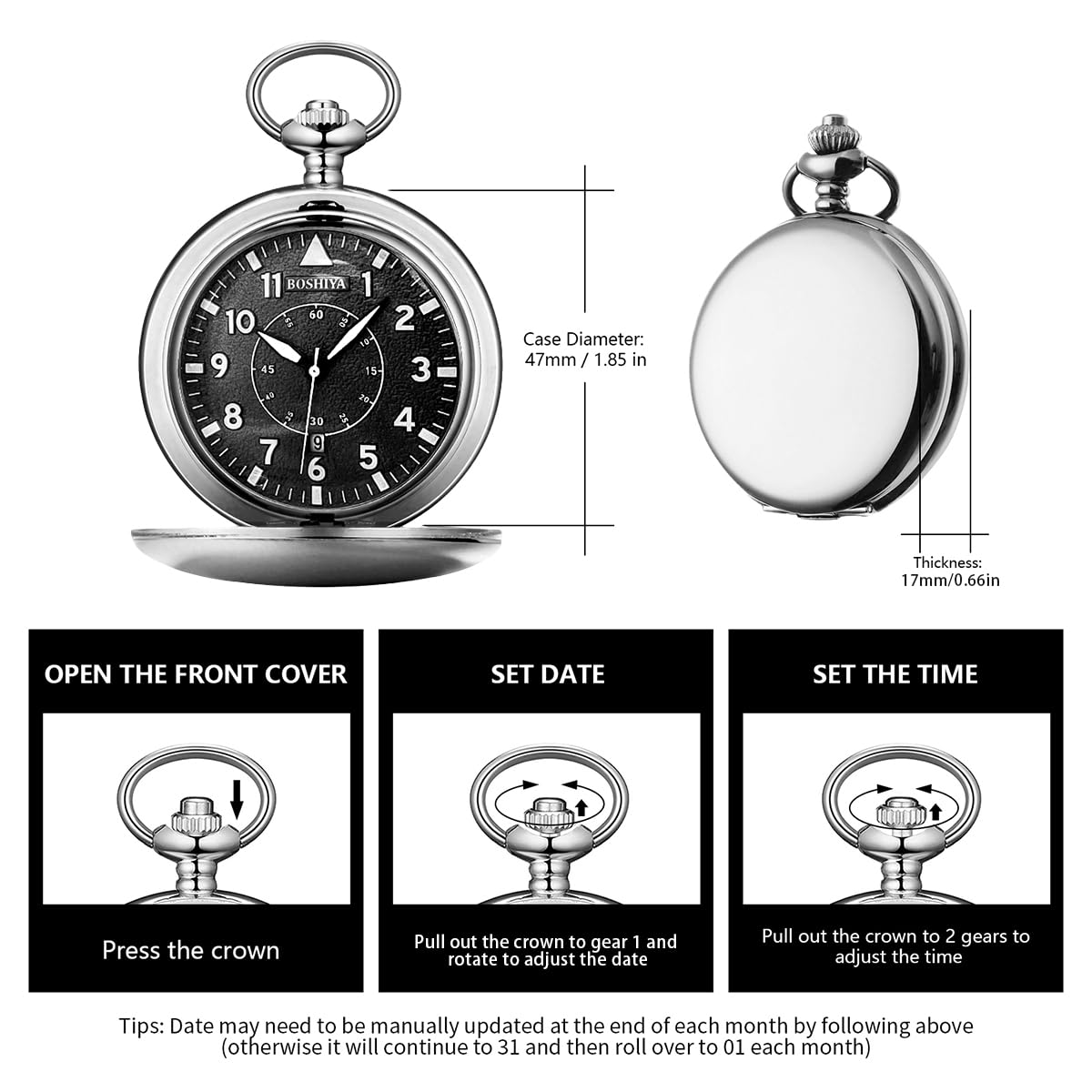 BOSHIYA Glatte Quarz Taschenuhren für Männer Klassische Arabische Digital Leuchtendes Zifferblatt & Tag Datum Taschenuhr