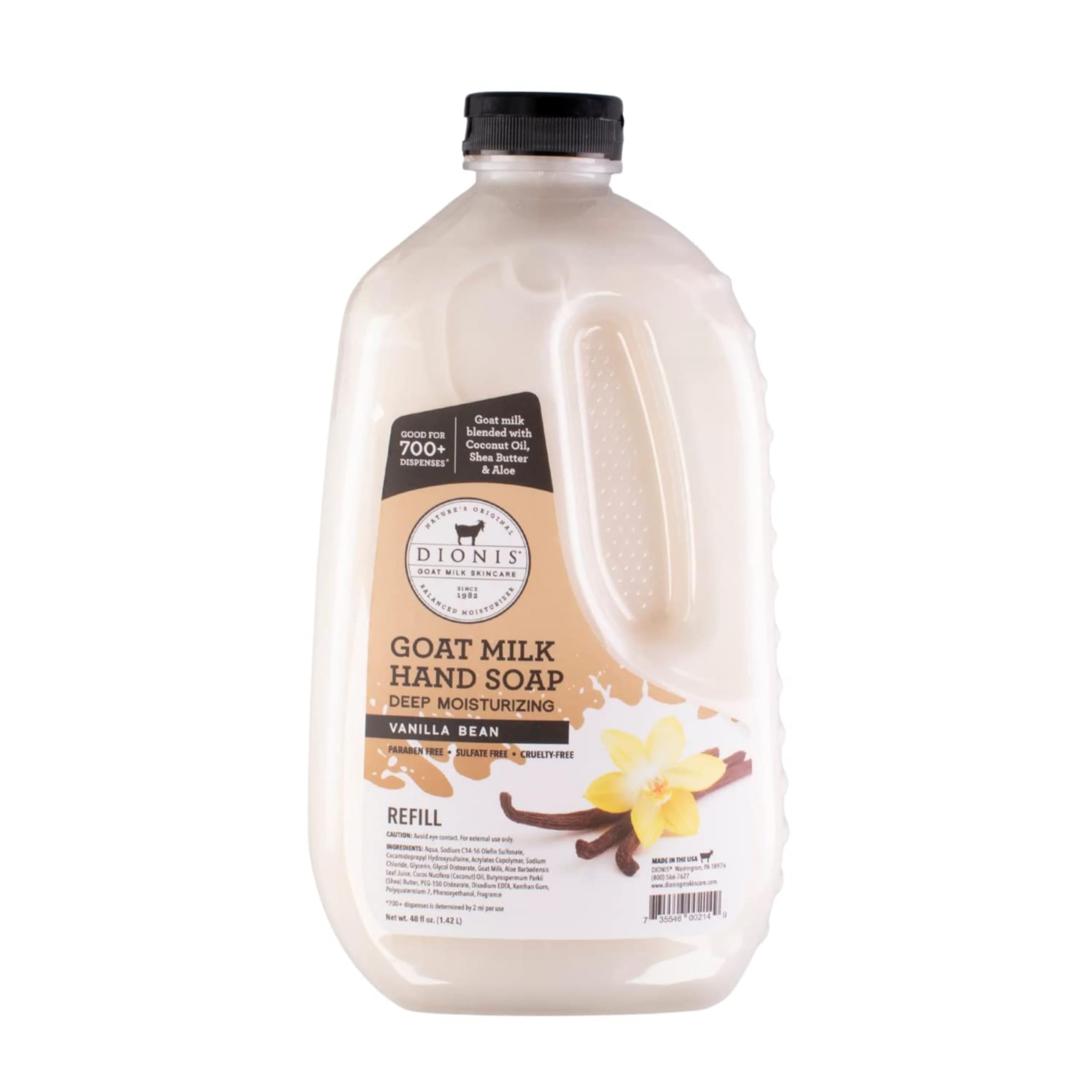 Dionis Goat Milk Skincare Deep Moisturizing Hand Soap Refill - Concentrated Hand Moisturizing Formula Blended With Shea Butter, Aloe Vera & Coconut Oil - Made In The USA - Vanilla Bean, 48 Oz Bottle