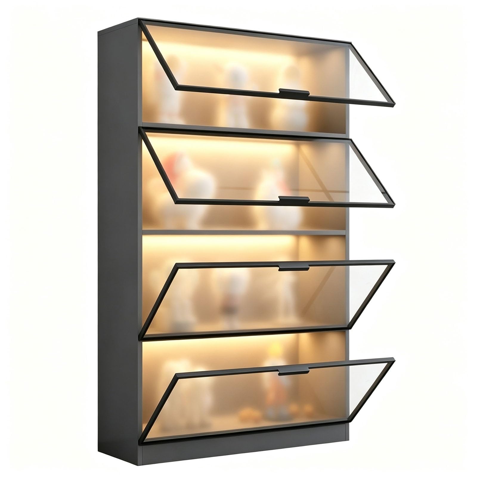 Vitrina expositora de vidrio templado con puertas abatibles y luz LED, mueble almacén de 4 estantes para figuras de acción, modelos y decoración del hogar(Black Frame Gray Body,80cm)