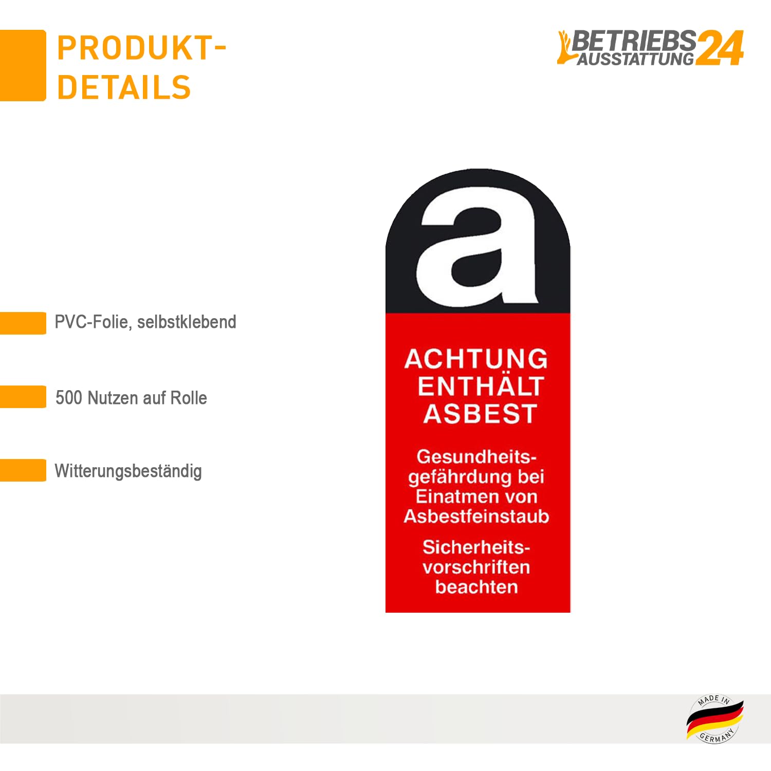 Warnschild - Gefahrstoff Asbestfeinstaub 500 Stk/Rolle Größe Einzeletikett (BxH): 4,0 x 9,5 cm Folienetiketten, selbstklebend, auf Rolle