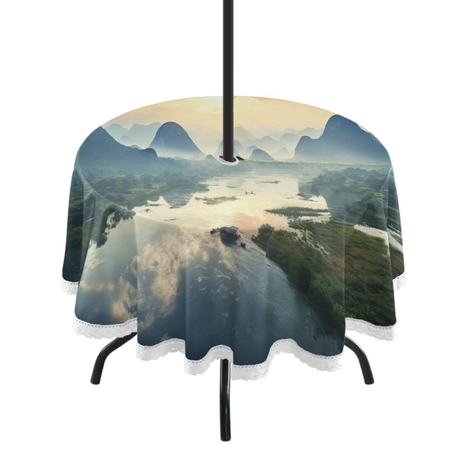 Wajiw 60 Inch Indoor Outdoor Round Tablecloth with Umbrella Hole and Zipper Waterproof Patio Table Cover for Camping Dining Room Party Outdoor Picnic,Mountain