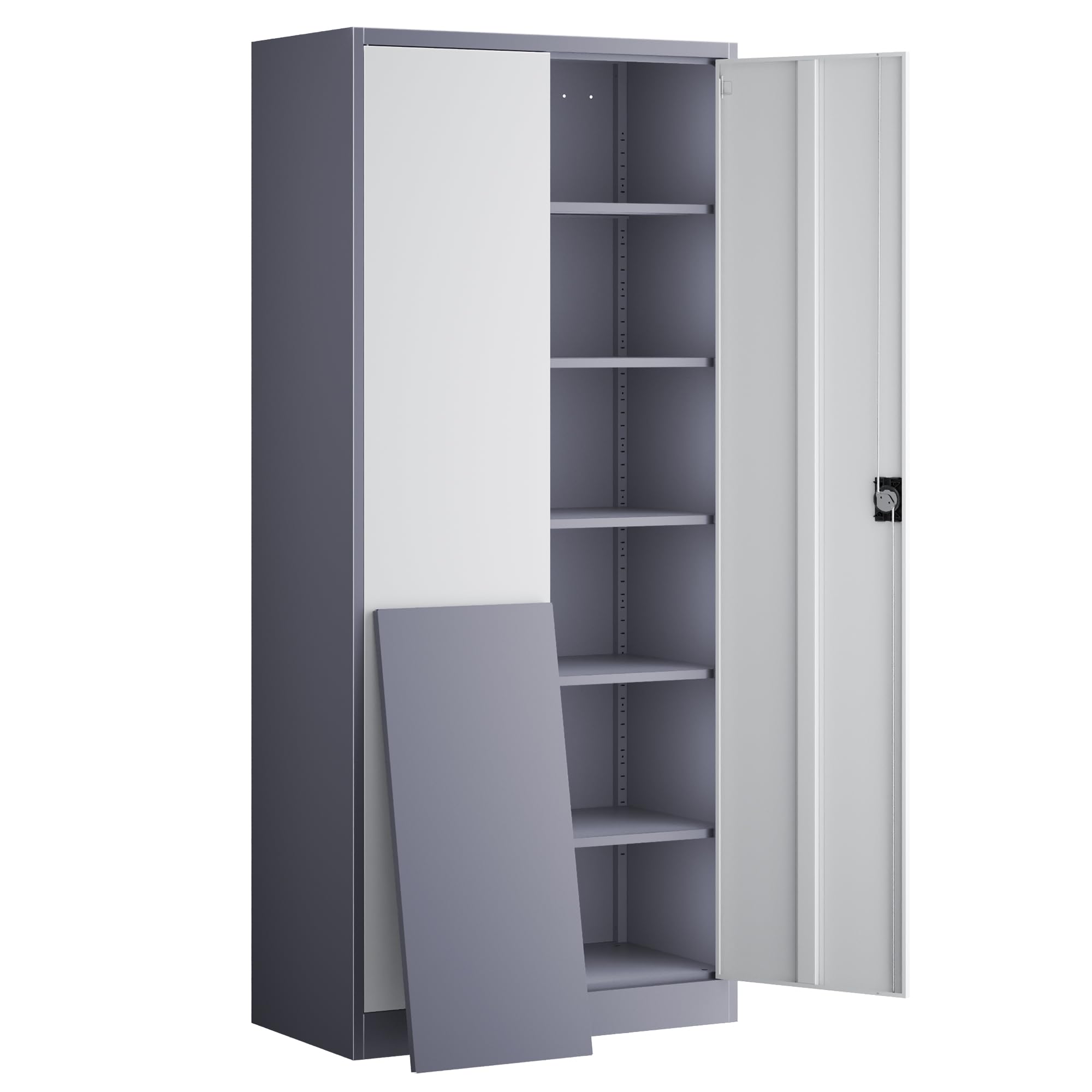 Yizosh Metal Garage Storage Cabinet with Lock, 72" Locking Tool Cabinet with 2 Doors and 5 Shelves for Garage,Office,School (Gray White)