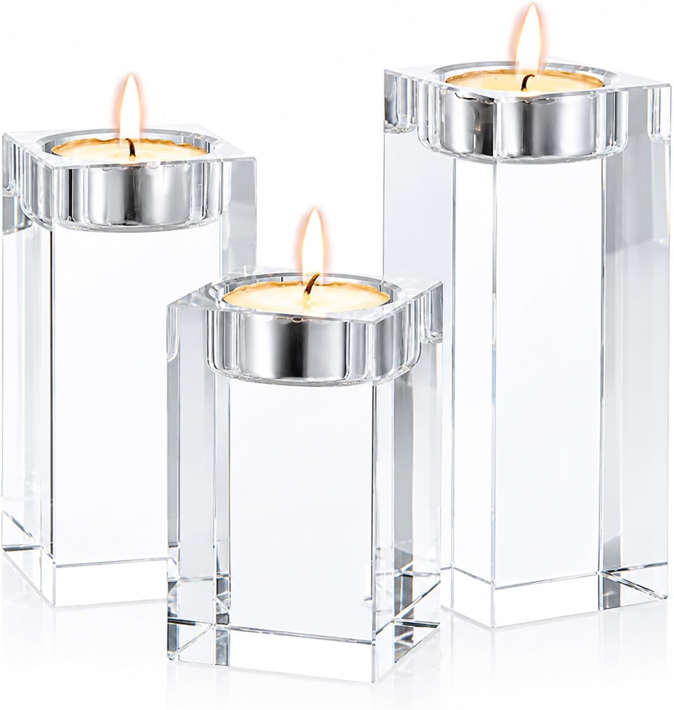 Sziqiqi Candle Holder Set, 3-Piece Crystal Glass, K9 Crystal, Transparent, Polished, Tabletop, 12x5x5 cm (S), 10x5x5 cm (M), 8x5x5 cm (L), 3 Units