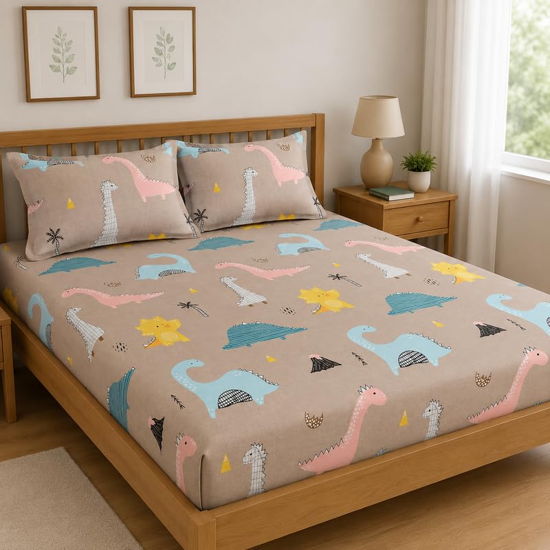 Image of Premium Cotton Fitted Bedsheet King Size 78 x 72 x 8 Inches with 2 Pillow Covers | 220 TC | All-Around Elastic Deep Pocket Bed Cover | Taupe Multicolor Dinosaur