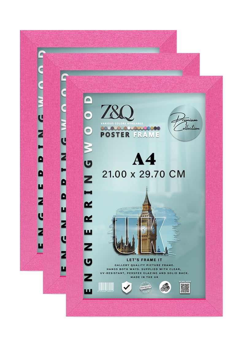 Z&Q Pack of 3 MDF Wood Finish A4 (21.00 x 29.70 CM) Poster/Picture Frame | for Art Gallery, Room Wall Decor 11 x 8 Inch Portrait/Landscape Display [ Pink ]