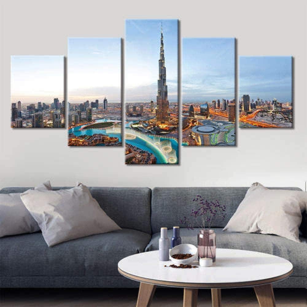 QQYYYT Multi-split panel city view city dubai view painting canvas print image 5 sheets and elongated artwork painting picture photo for bedroom home decoration-ready to hang