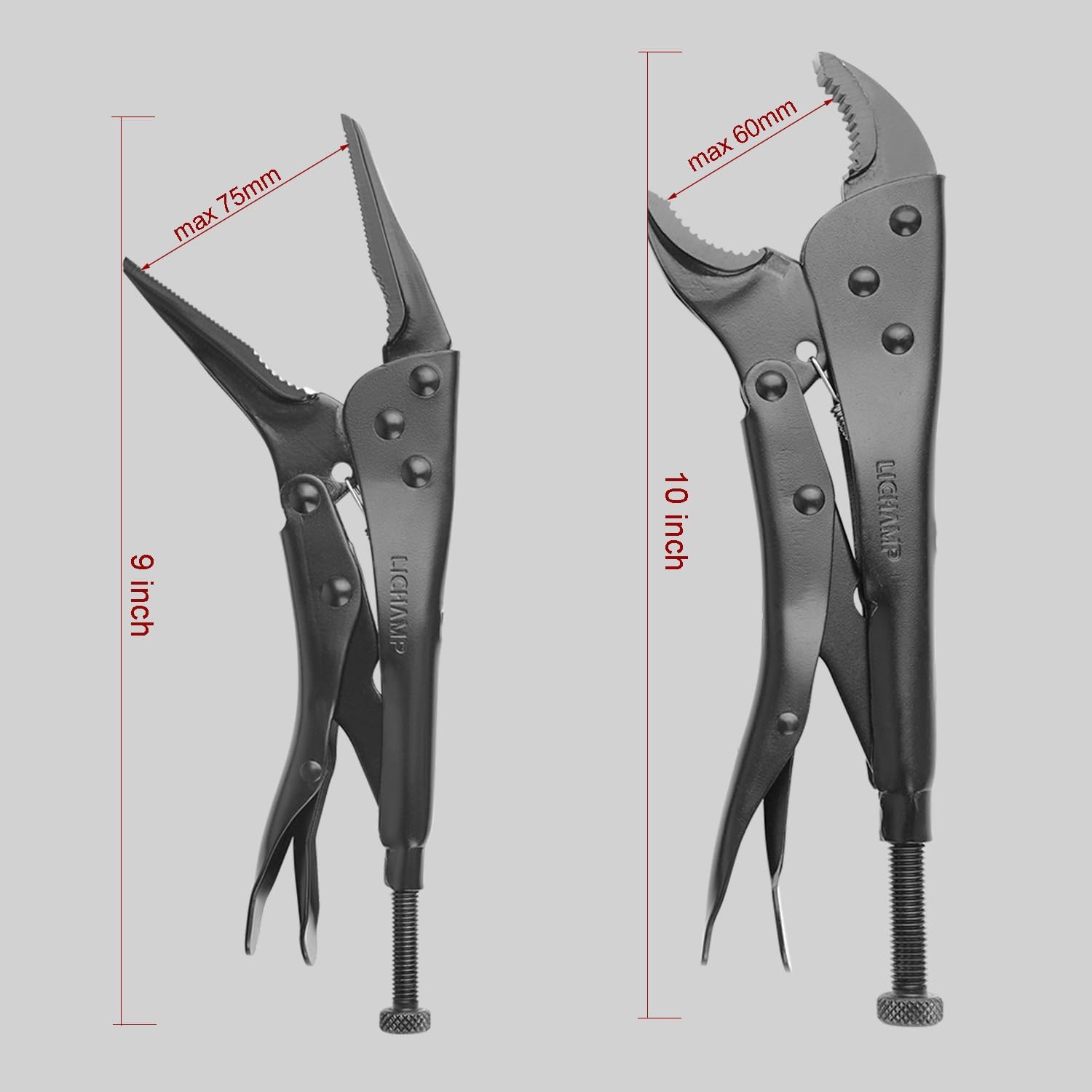 lichamp locking pliers set - 10 inch curved jaw and 9 inch long nose vise pliers, vise grips for automotive, plumbing, metalworking