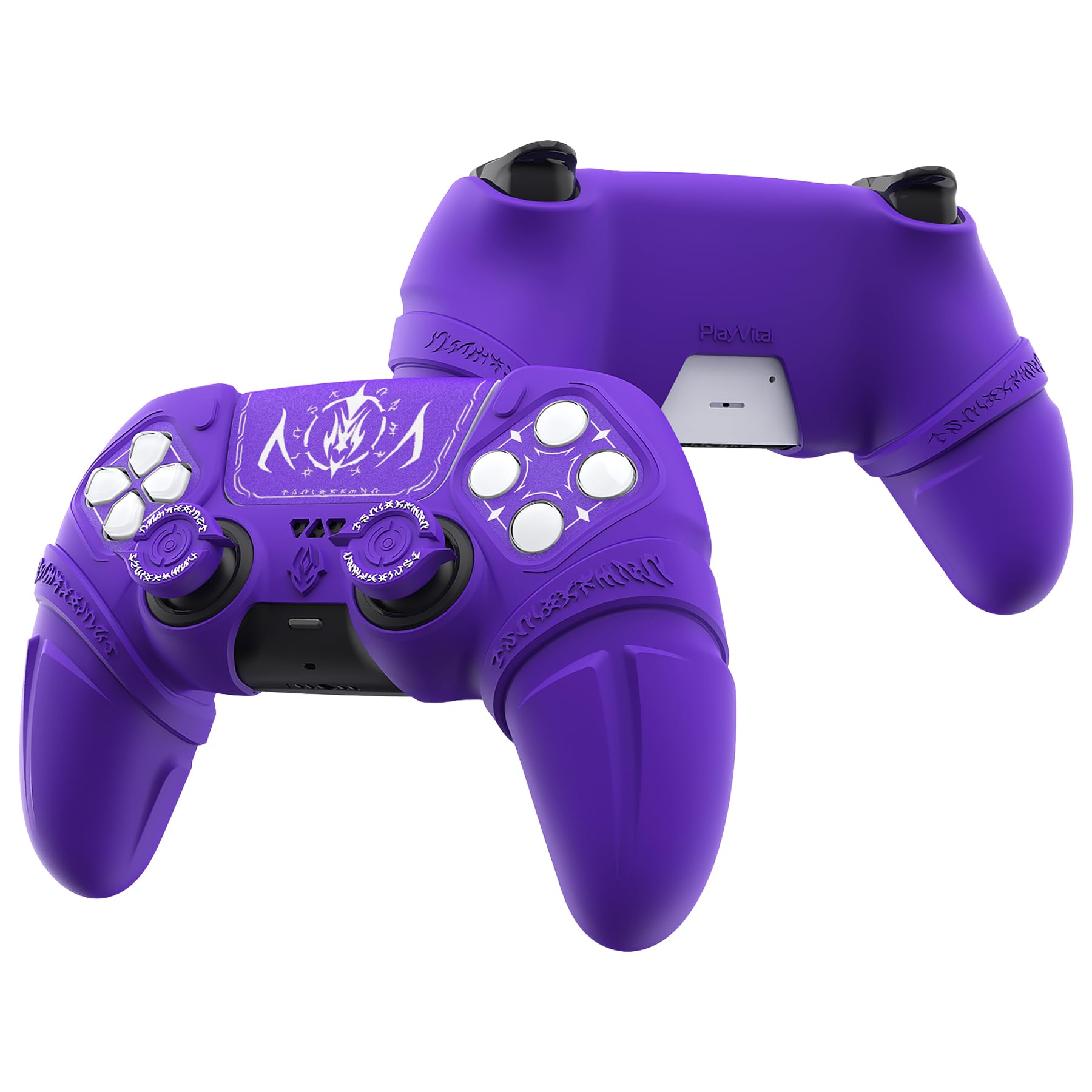 playvital Cover Skin per ps5 Controller,Custodia Protettiva Silicone Antiscivolo per ps5 Joystick&Copri Levette Analogiche&Adesivo Touchpad(Runes)-Compatibile con Base di Ricarica-Viola