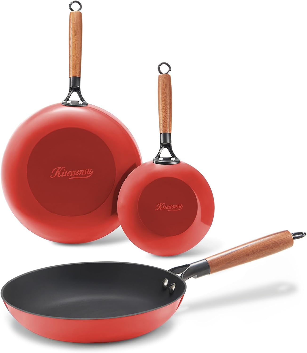 KITESSENSU Enameled Cast Iron Skillets - Non Stick Frying Pans Set with Durable Wooden Handle - 8&10&12 Inch Cast Iron Pans for Multi-Cooking - Pre Seasoned Cookware Set - Gradual Blue