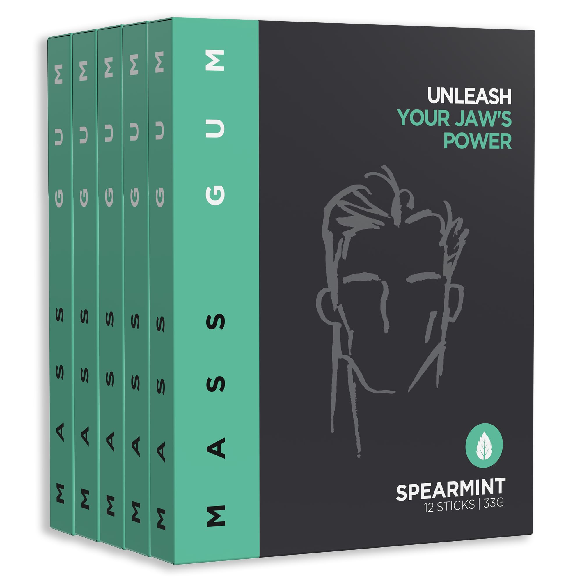 MASS GUM Tough Chewing Gum - Spearmint - Jawline Exerciser - Hard Gum - 5 Packs of 12 Pieces (60 Total Pieces) - 1 Months Supply (60)