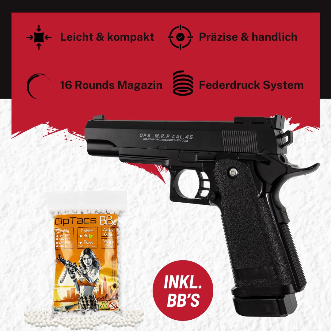 Softair Pistole Set C6 6mm Federdruck Vollmetall Airsoft ab 14 Jahren unter 0,5 Joule mit Magazin und 500 OpTacs BBS realistische Zweitwaffe Einsteiger Trainingspistole