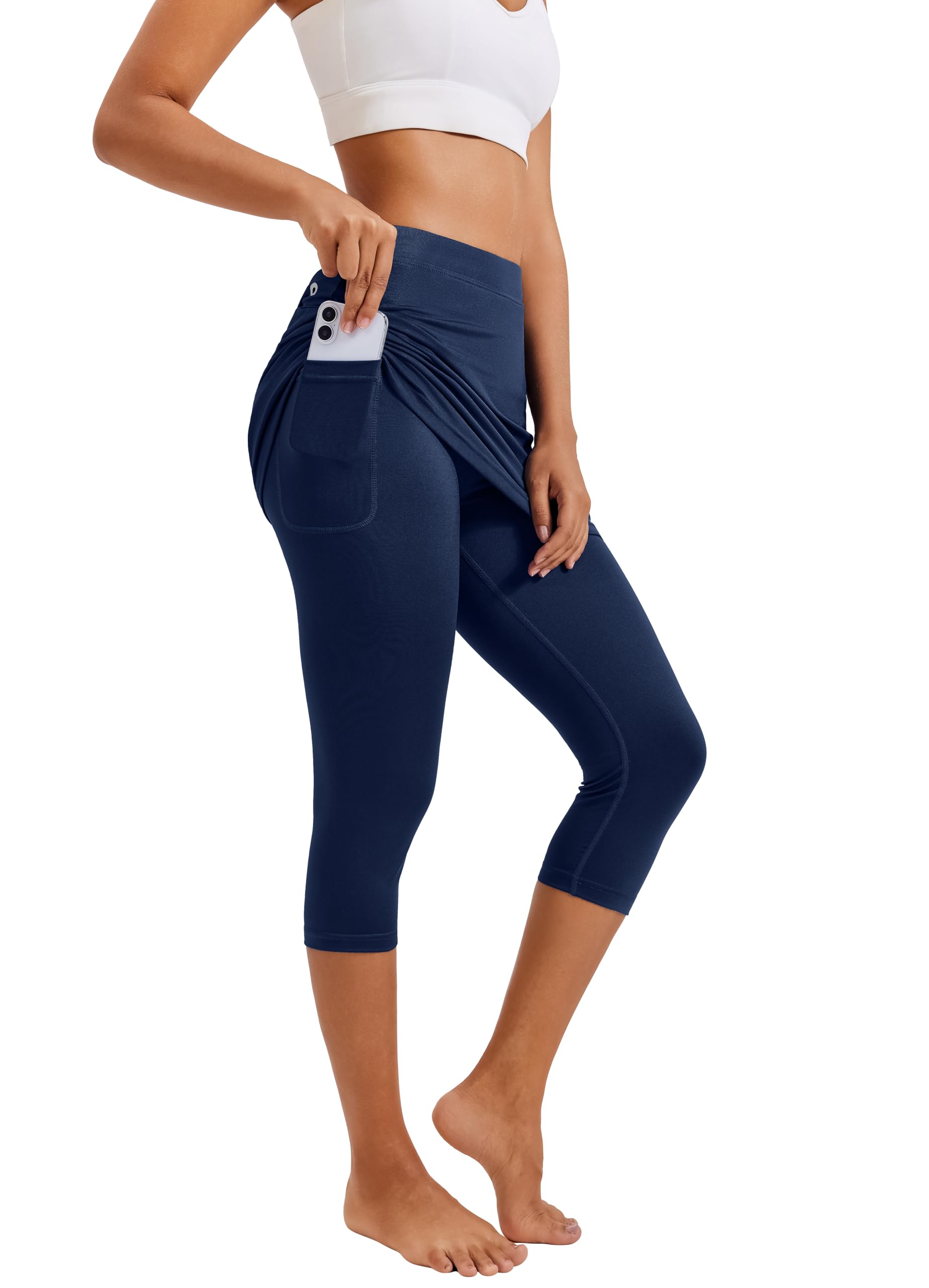 Balancora Damen Sportskort Laufskort Leggings mit Rock Tennisröcke Hockey Rock Engen Capris Gym 3/4 Yoga Pants Mit Taschen und Kopfhöreranschluss