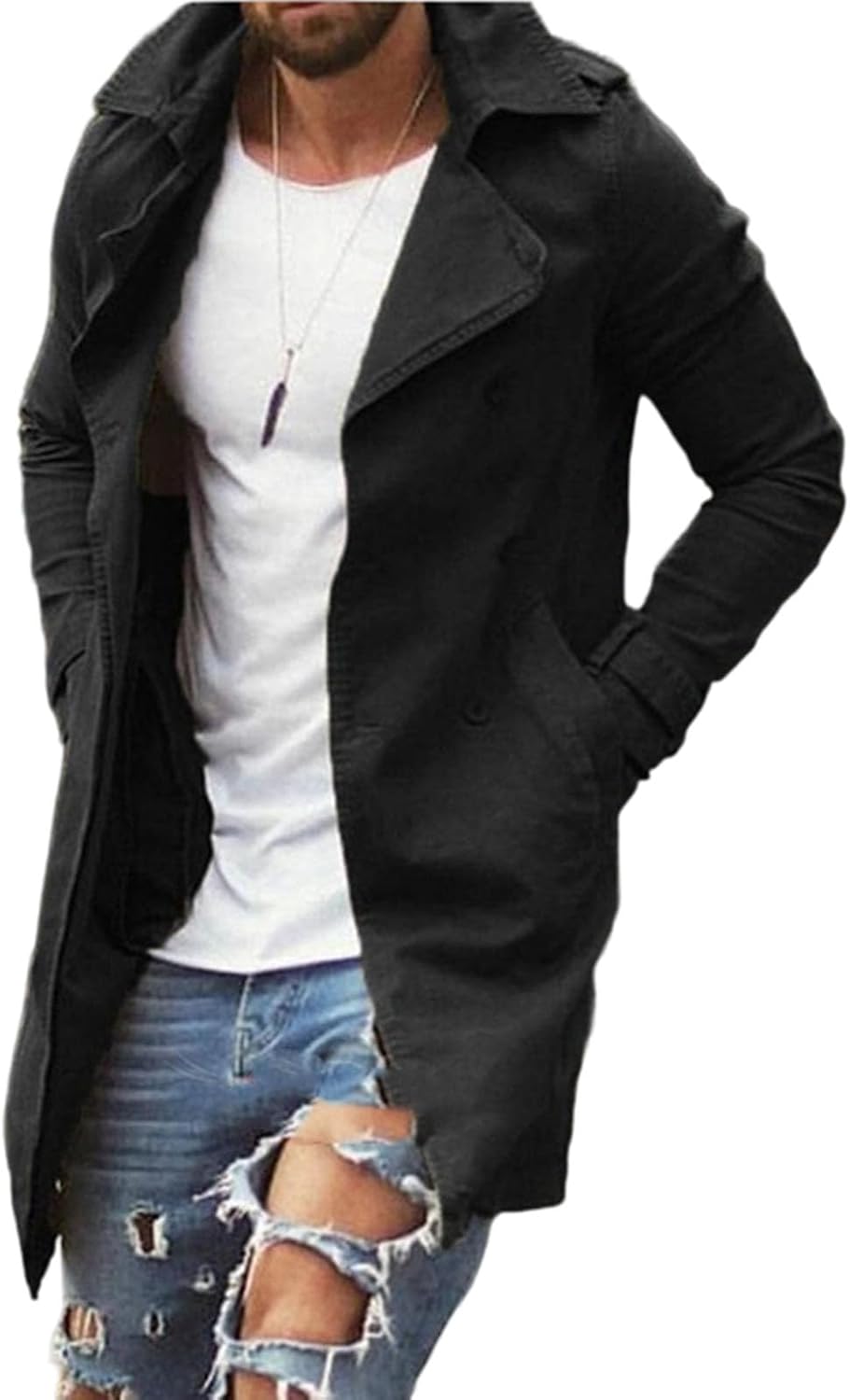 Ymosrh Men's Casual Trench Coat Double Breasted Jacket Lapel Lightweight Peacoat Overcoat, M-3XL
