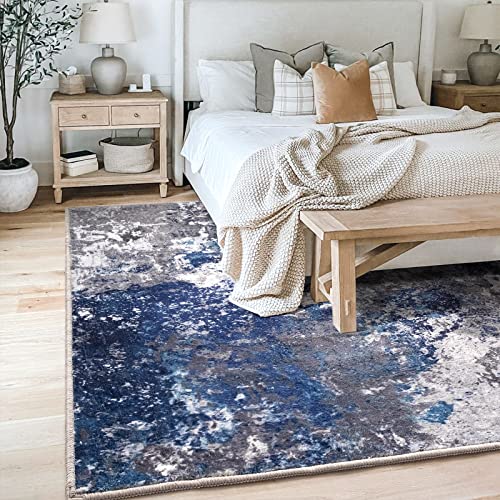 Colorpapa Modern Abstract Area Rug 5X7 Washable Rug For Living Room Bedroom Dining Room Office Non-Slip Soft Floor Carpet, Gray/Blue/Ivory #TOP2