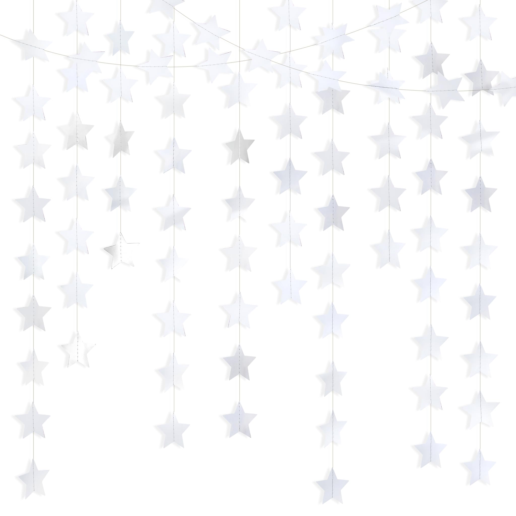 90FT Metallic Silver Iridescent Star Garland, Sparkling Twinkle Star Banner, 240 Pcs Hanging Star Streamers Backdrop for Birthday, Baby Shower, Wedding & Christmas Party Decorations (6 Packs)