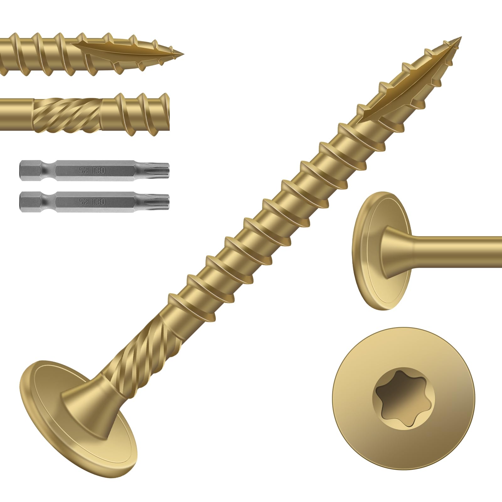 #14 x 2 Inch Outdoor Structural Wood Deck Screws (94Pcs/2lb), Carbon Steel, Tan, Flat Head, Rust Resistant Epoxy Coated, T30 Star Bit