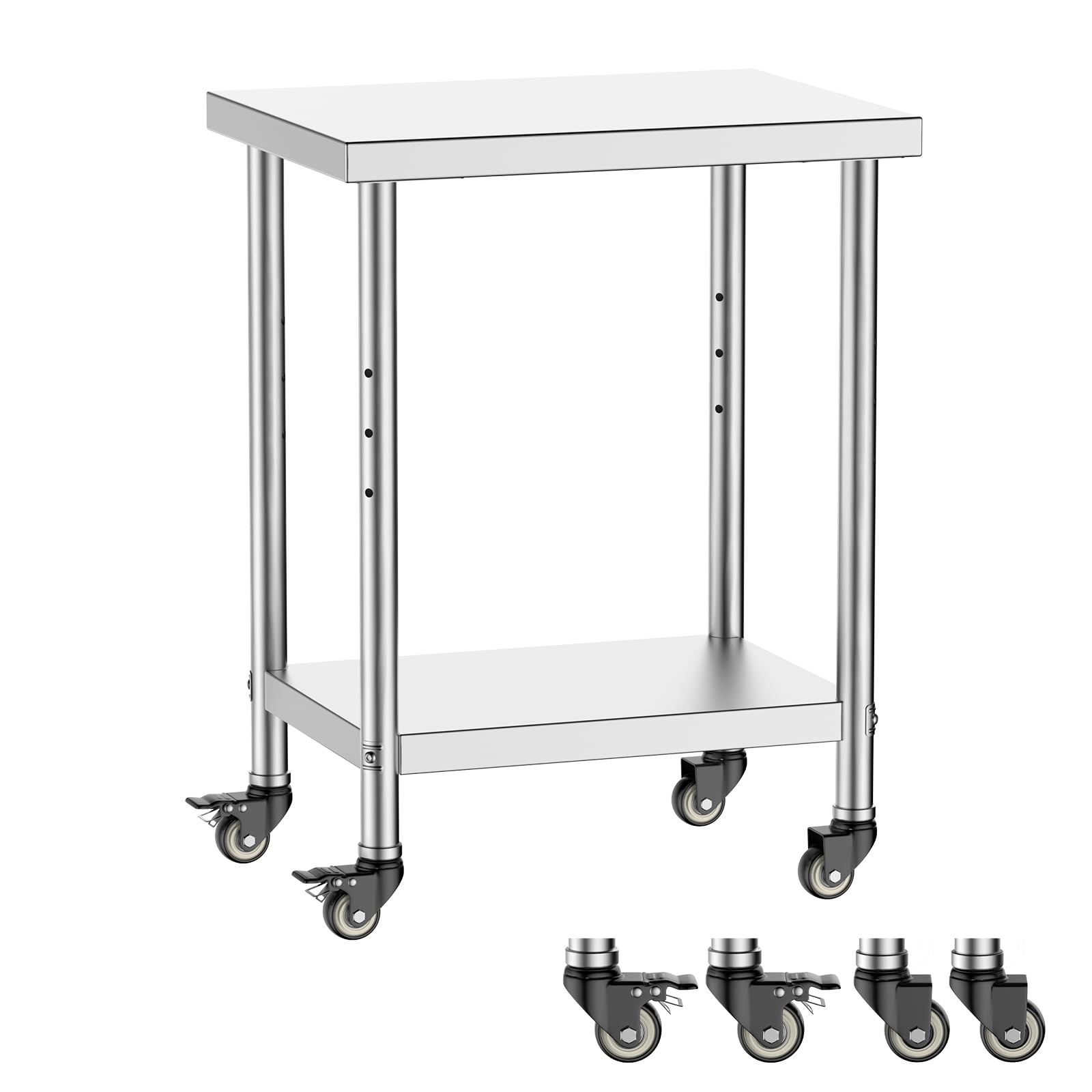 stainless steel work table with wheels, 23.6 x 17.7 inch compact rolling cart, 2 tier adjustable shelf kitchen cart microwave cart for small space apartment home garage outdoor use