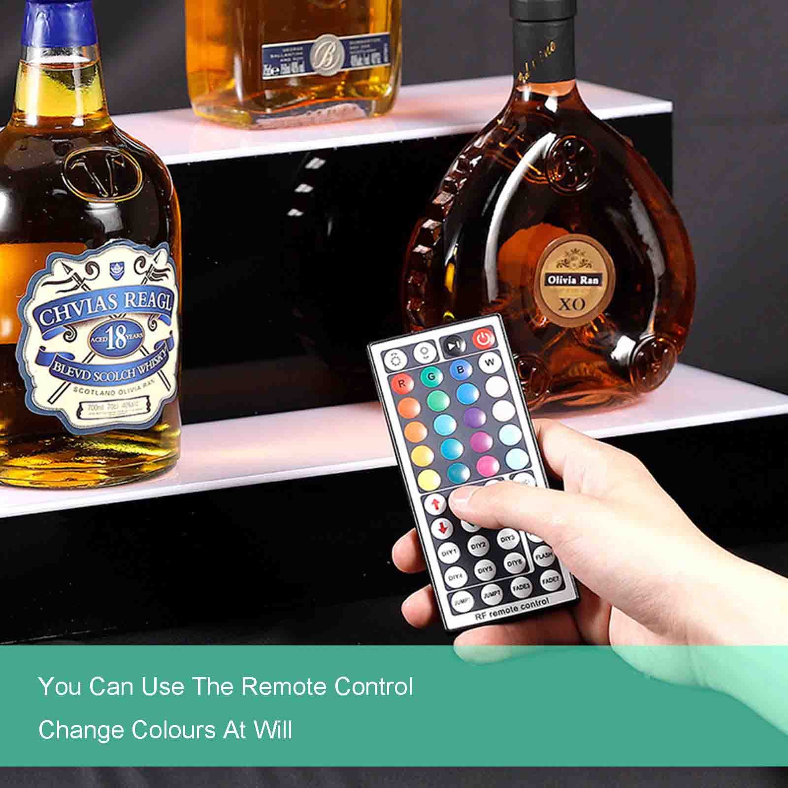 Espositore per bottiglie di liquore a 3 livelli con illuminazione a LED con telecomando per bar domestici e commerciali