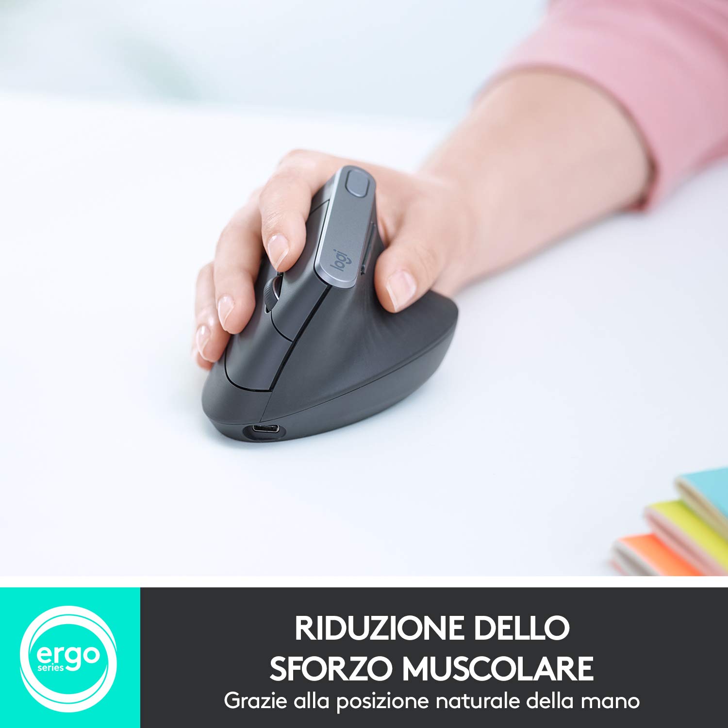 Logitech MX Mouse Verticale Wireless Ergonomico, Multi-Dispositivo, Bluetooth o 2.4GHz Ricevitore USB Unifying, Rilevamento Ottico 4K DPI, 4 Pulsanti, Ricarica Rapida, PC-Mac-iPadOS, Grigio