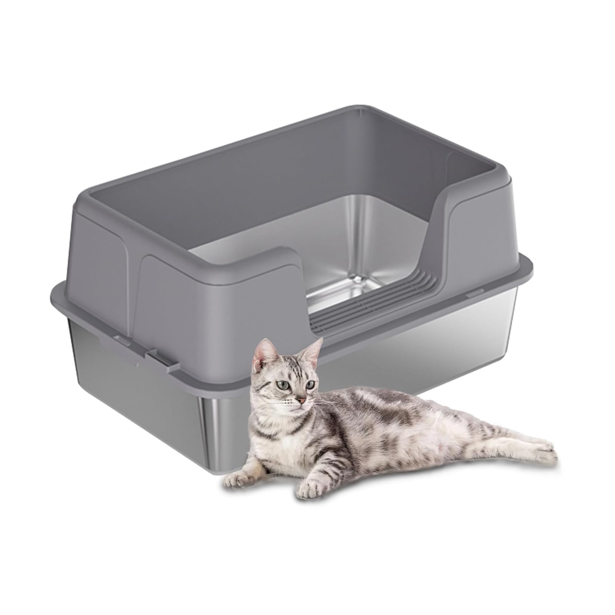 Aptliton Stainless Steel Cat Litter Box with High Sides, Splash Proof Anti-Scratch Metal Litter Tray, Easy Clean Large Cat Toilet with Non-Slip Base for Indoor Kittens Adult Cats, Grey 50×35×26.5cm