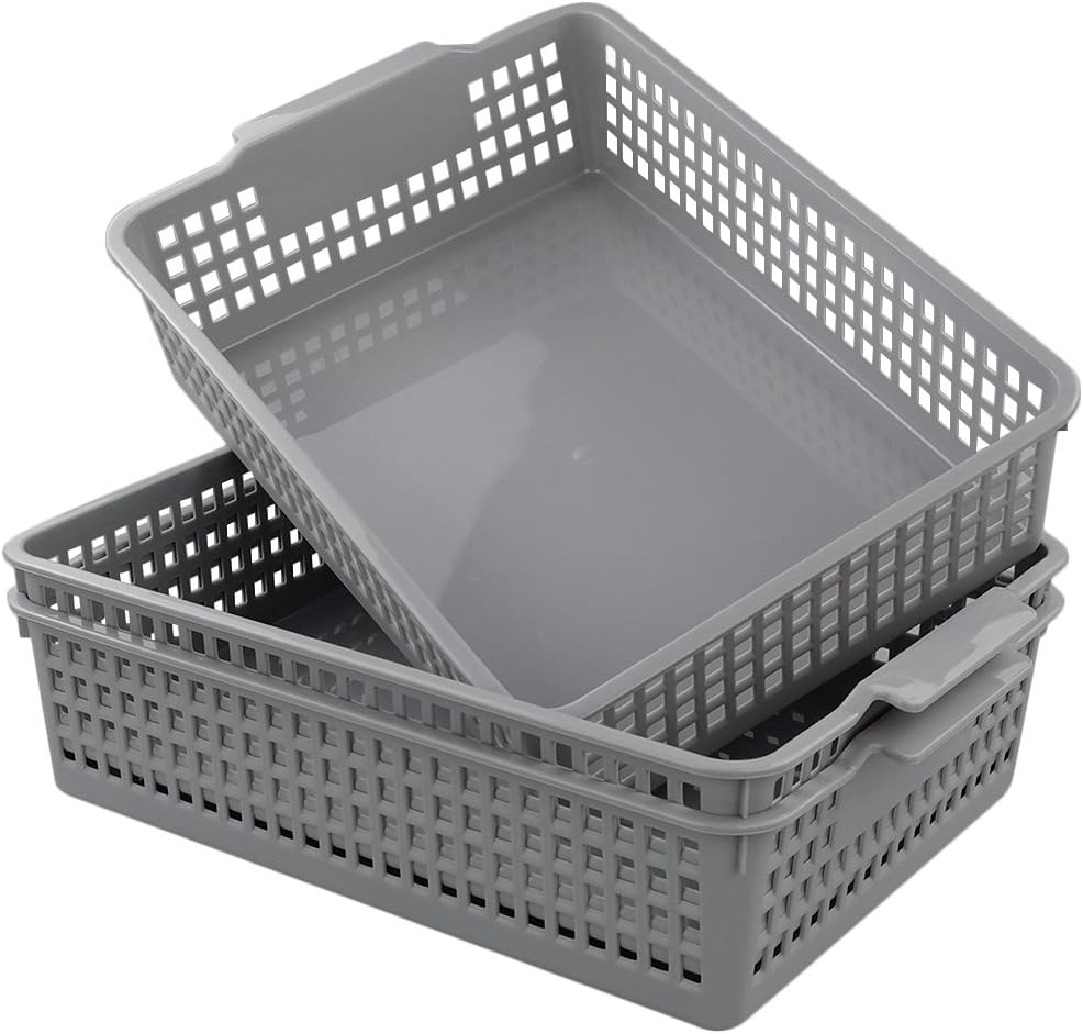 A4 Plastic Storage Basket, 3-Pack Shallow Storage Trays, Grey