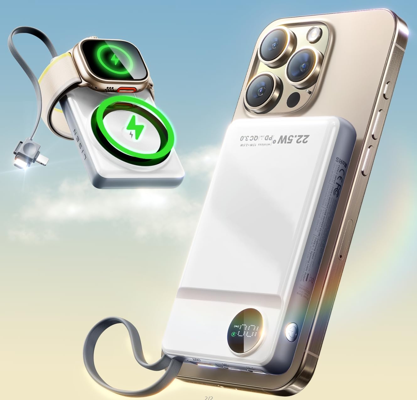 LISEN Power Bank per iPhone Magsafe, Power Bank magnetico wireless da 10000 mAh Cavo internazionale integrato per Power Bank Magsafe Ricarica rapida compatibile con iPhone 16 15 14 13 Watch