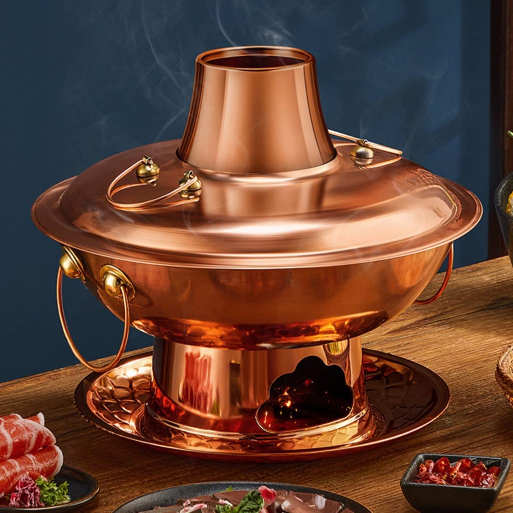INUUXLG Copper Hot Pot Thick Copper Pot Hot Pot Old-Fashioned Household Lamb-shabu Pure Copper Pot Commercial Gifts (Color : Brass, Size : 32cm) (Brass 32cm)