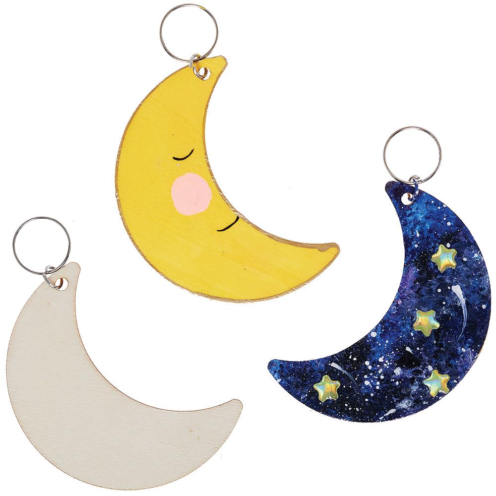 Baker Ross Moon Wooden Keyrings, Pack of 6, Paint-Your-Own, Space Theme, 8cm, Wood