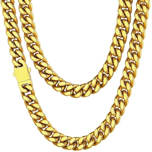 ChainsHouse Stainless Steel Mens Cuban Link Chain, Black/ 18K Gold Plated Miami Cuban Chain Necklace, 5mm/7mm/9mm/12mm/14mm Width, No Tarnish& Durable Hip Hop Mens Jewelry, 18"-30", Send Gift Box