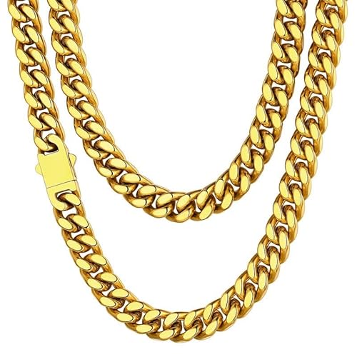 ChainsHouse Stainless Steel Mens Cuban Link Chain, Black/ 18K Gold Plated Miami Cuban Chain Necklace, 5mm/7mm/9mm/12mm/14mm Width, No Tarnish& Durable Hip Hop Mens Jewelry, 18"-30", Send Gif