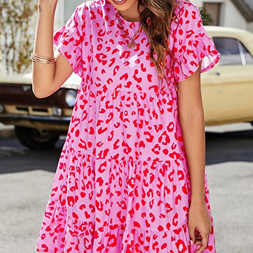 Women Summer Short Sleeve Dresses Casual Crew Neck Leopard Floral Mini Dress Ruffle Loose Flowy Short Dress Hot Pink #TOP2