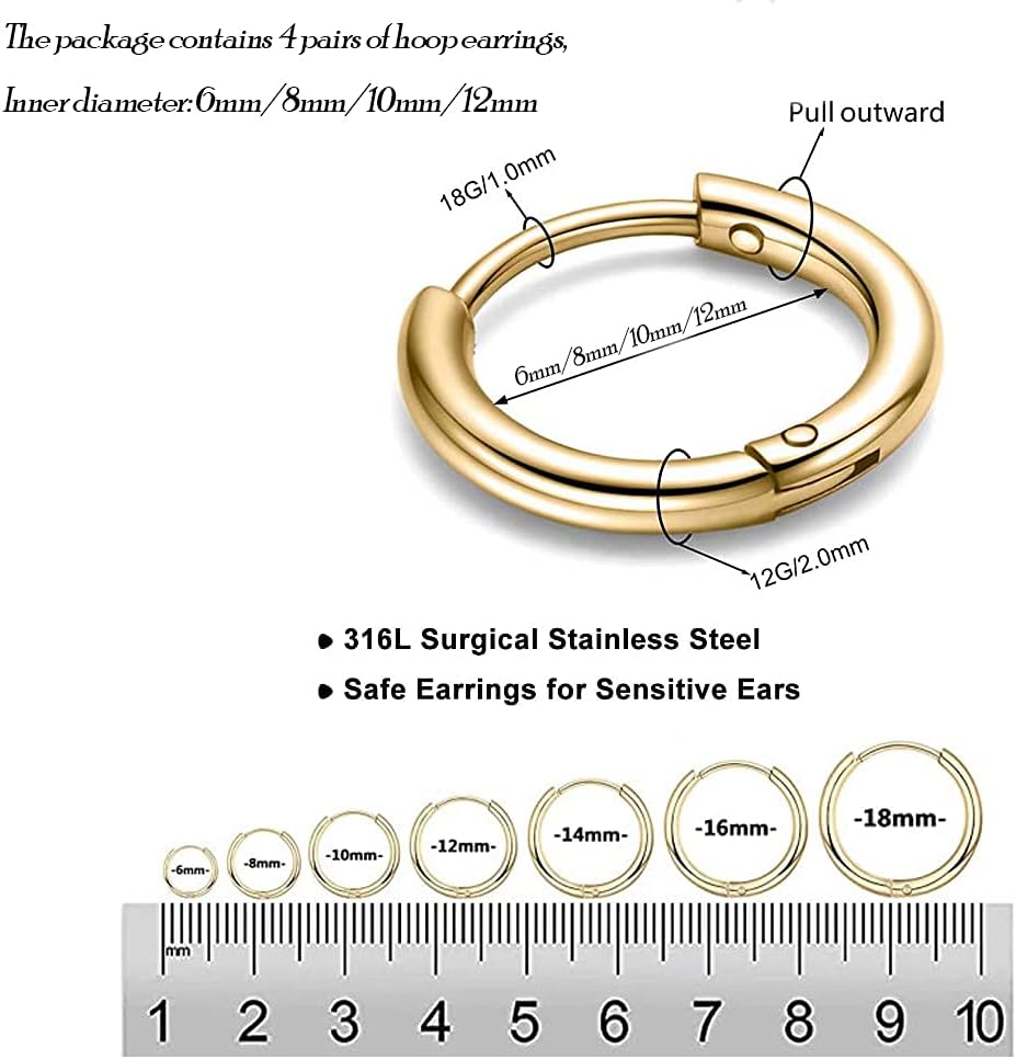 316L Surgical Stainless Steel Huggie Hoop Earrings 6mm 8mm 10mm 11mm 12mm 14mm Hypoallergenic Earrings Hoop Cartilage Helix Lobes Hinged Sleeper Earrings For Men Women - Image 3