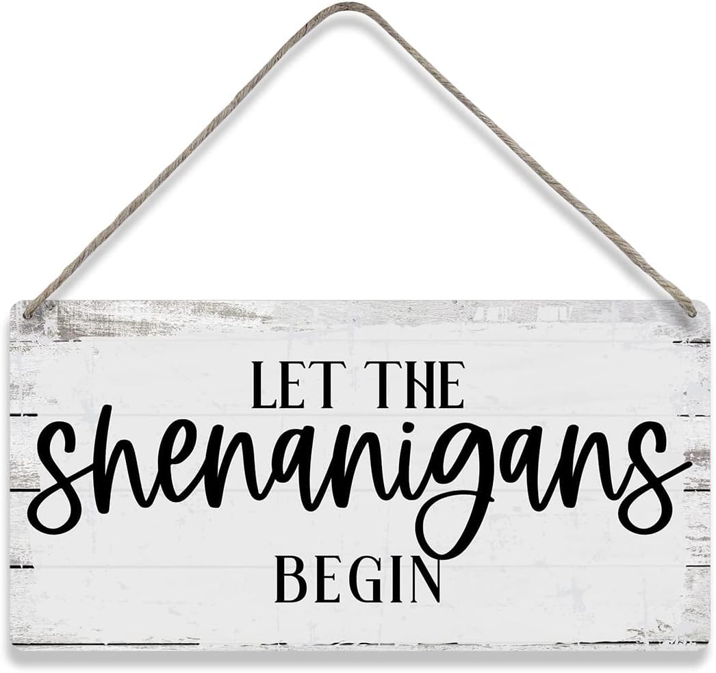Pibonto Women's Wall Art 5X10 Inch Let The Shenanigans Begin Quote Sayings Home Wall Decor Wooden Signs Rustic Farmhouse Hanging Wall Plaque Sign Gift