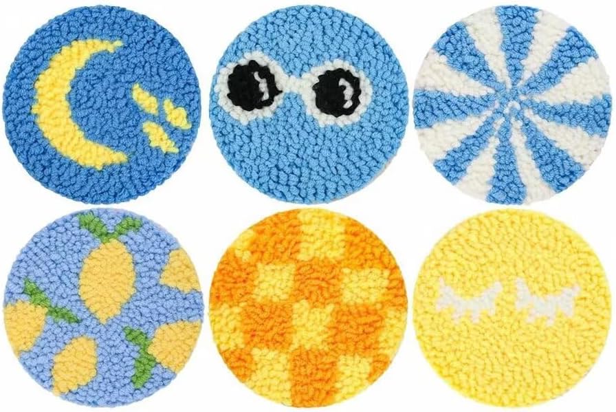 Punch Needle Coaster Kit 6 Patterns Moon Tufted Rug Pads, DIY Needle Punch Coaster Kit for Adults Beginners with Adhesive Felt Yarns Embroidery Hoop Tools Instruction