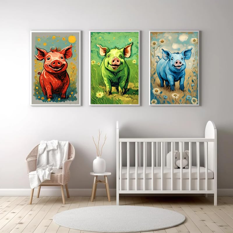 Triptyque A2 cochons Van Gogh pour habiller un grand mur vide de chambre de bébé facilement