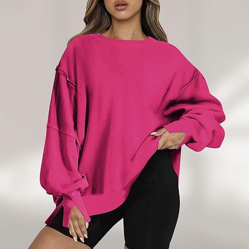 Miniatura 4 de SHOPESSA Sudadera de gran tamaño con cuello redondo para mujer, dobladillo dividido, hombros caídos, sudadera con capucha y ajuste holgado casual