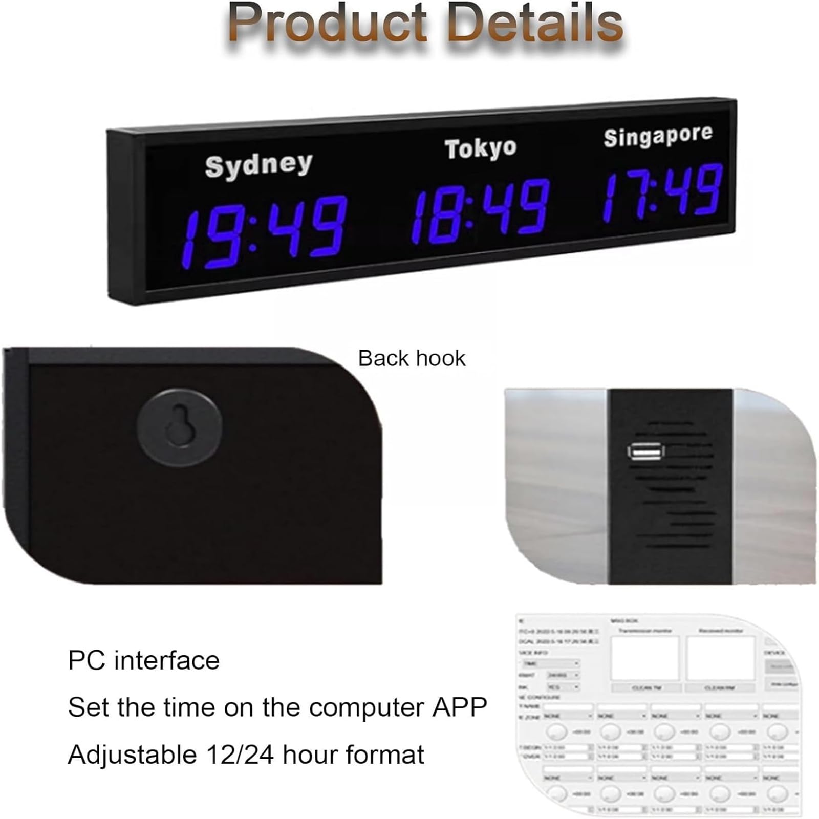 MObyat Orologio di 4 Fusi Orari Mondiali, Orologio Digitale LED a più Fusi Orari in Lega di Alluminio, Design a Parete, Alta Luminosità, Formato 12/24 Ore, per Ufficio, Scuola E Hall Dell'hotel