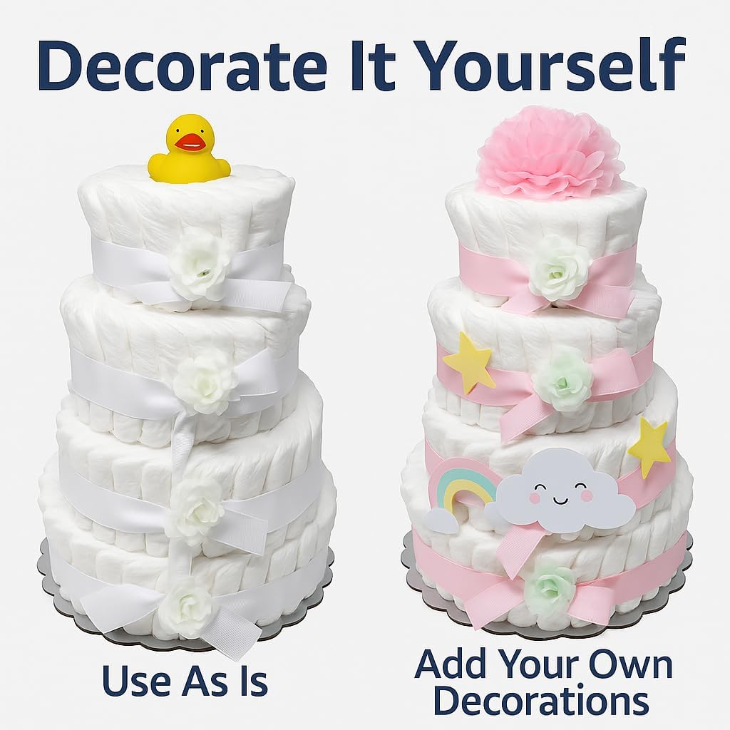 CHOOBLY 4-Tier Diaper Cake Kit – Pre-Made Baby Shower Cake (100 Diapers) Decorate-It-Yourself Centerpiece for Boy or Girl | Large Diaper Tower, Gender Neutral Newborn Gift