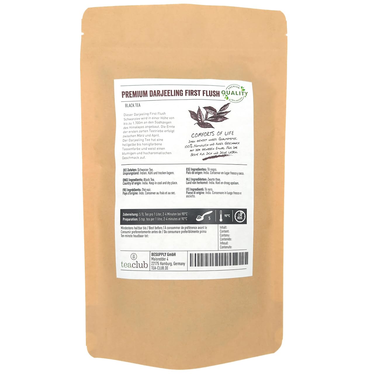 TeaClub Premium Darjeeling First Flush Tee Lose 500g FTGFOP1, Schwarztee | Hocharomatischer First Flush Darjeeling Schwarztee, FTGFOP1, blumig-herb, Himalaya-Südhänge, Schwarzer Tee aus Indien
