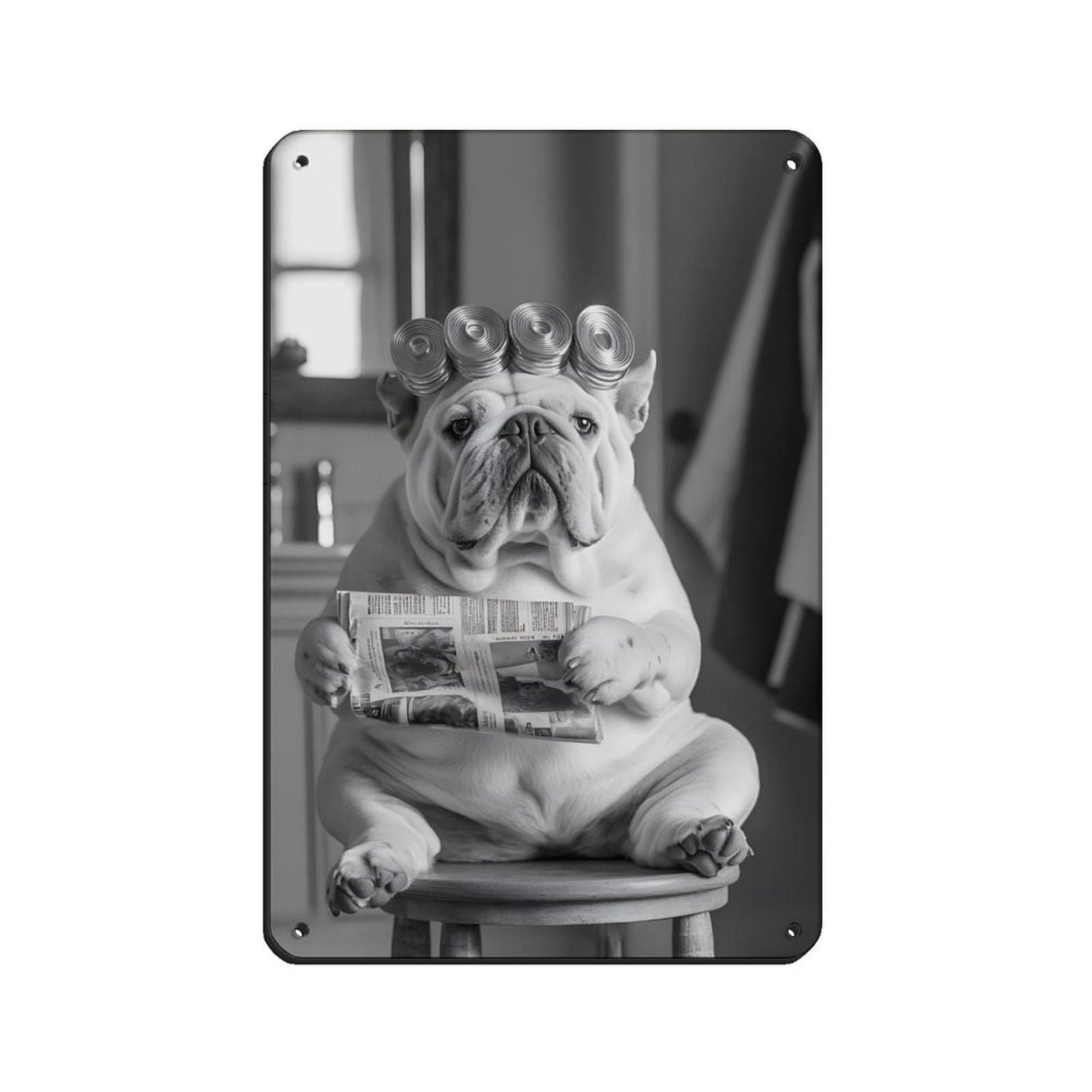 Lxwnze 20L X 30W Cm Funny Bulldog, Dog With Cans Curlers Tin Sign Vintage Metal Pub Club Cafe Bar Home Wall Art Decoration Poster Retro 8X12inch(20X30cm)