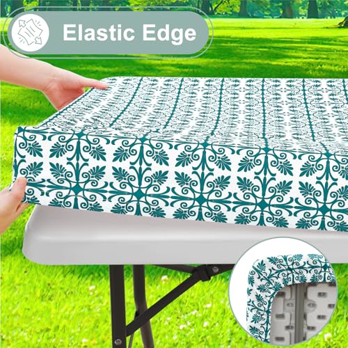 Image of misaya Picnic Table Cover with Bench Cover, Waterproof Elastic Fitted Tablecloth for 5 Foot Tables, Rectangle Washable Polyester Tablecloths for Picnic, Camping, Outdoor (Turquoise, 30 inch x 60 inch)