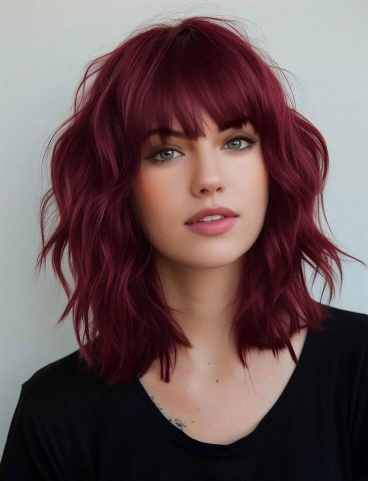 ISAMY Short Bob Wigs With Air Bangs Shoulder Length Women's Wig Bob Curly Wavy Synthetic Cosplay Wig for Girls Daily Use Colorful Wigs (Red)