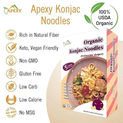 Apexy Organic Shirataki Konjac Noodle Fettuccine Shape Pasta 53.6Oz 8 Pouches Inside . Healthy Diet, Low Calorie, Low-Carb Gluten Free, Vegan, Keto And Paleo-Friendly. #TOP1