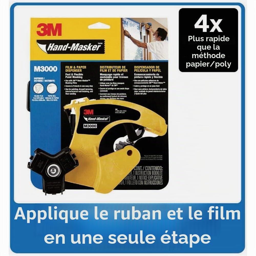 3M Hand-Masker M3000 Distributeur de Film et de Papier - 1 Distributeur, Toutes Largeurs de Ruban - Pour Fenêtres, Portes, Baignoires et Autres Surfaces (sans lame)