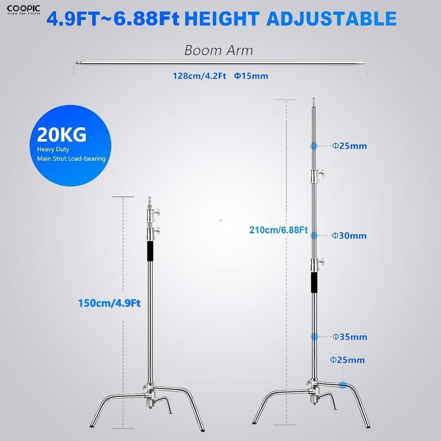 Heavy Duty C-Stand with Boom Arm & Turtle Base - 210cm Stainless Steel Photography Light Stand Kit, 88cm Extension Arm, 2 Grip Heads, Sandbag & Carrying Case for Studio Softbox Monolight