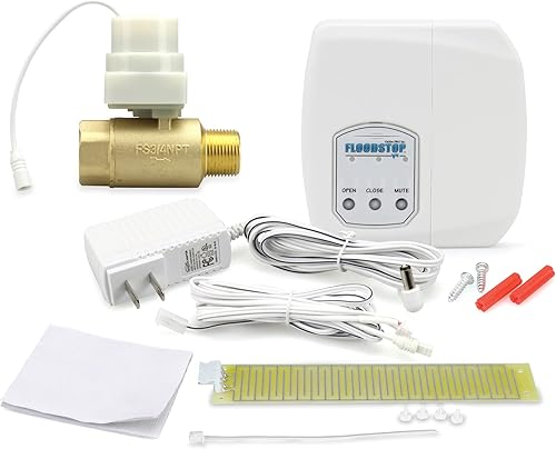 FloodStop Kit de detector de fugas de calentador de agua con apagado automático de agua y alarmas visualesaudibles, 34 pulgadas NPT MIP x FIP