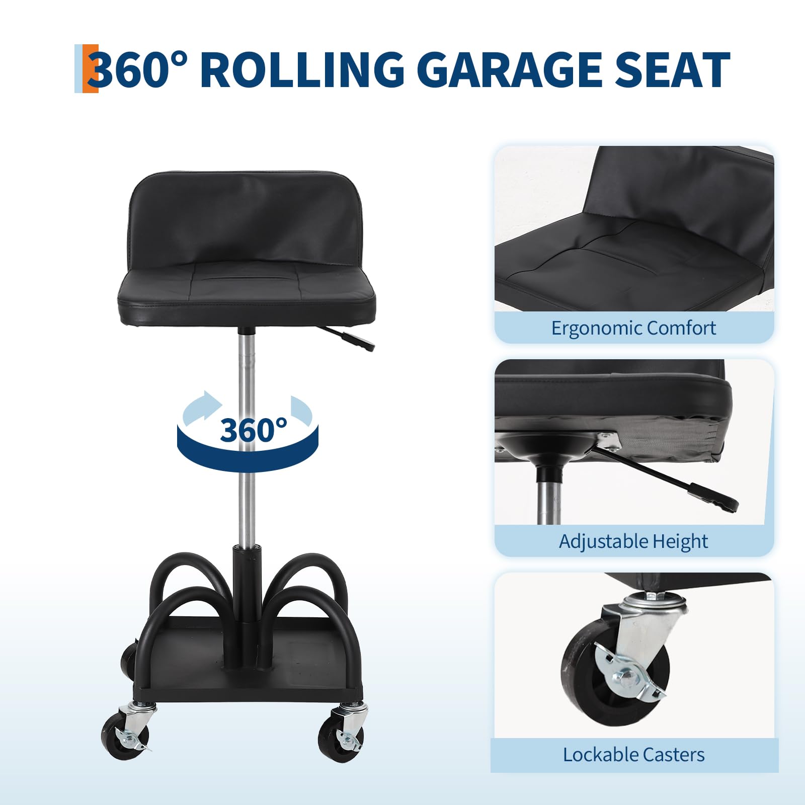 Tabouret roulant – Hauteur réglable 40-53 cm, capacité 136 kg